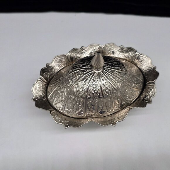 Turkish Silver Plated Decorative Dish With Lid Ruffled Rim Sena - Picture 2 of 10